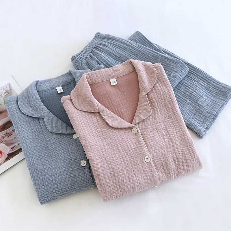 2025 New Couple's Pajama Set 100% Cotton Men's and Women's Collar Long Sleeve Long Pants Solid Color Two Piece Home Set Pijamas