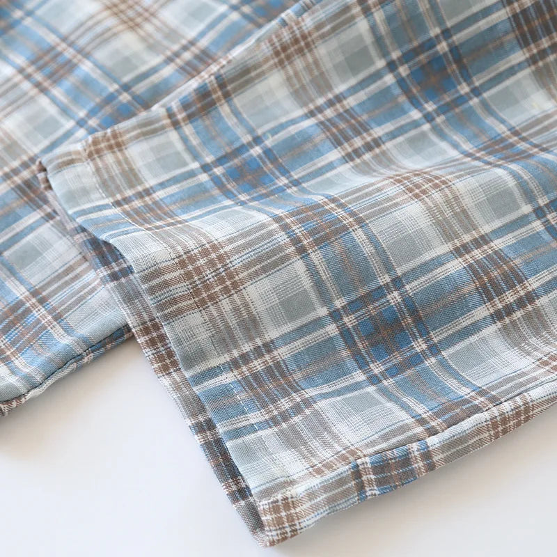 2025 Japanese New Men's Pajama Set Spring/Summer Checkered Simple Long sleeved Two Piece Set 100%Cotton Cardigan Home Furnishing