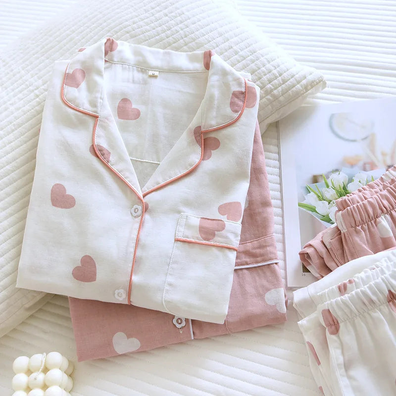 2025 New Spring and Autumn Pajama Set Women's 100% Cotton Long Sleeve Pants Two Piece Love Lovely Sweet Home Furnishing Set