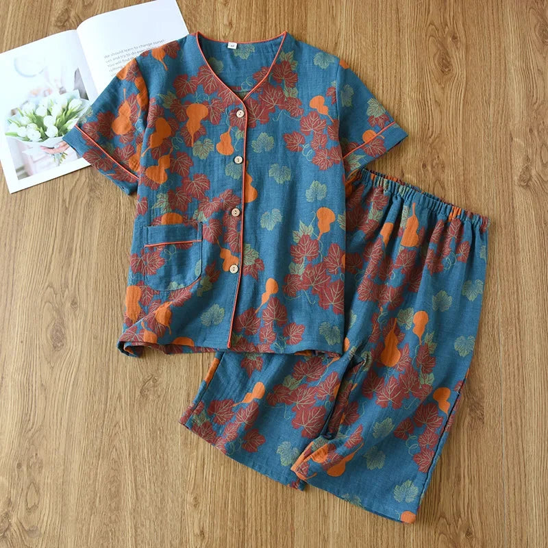 2025 Spring/Summer New Women's Pajama Set 100% Cotton Jacquard Short Sleeves+Capris Two Piece V-Neck Thin Homewear Ladies