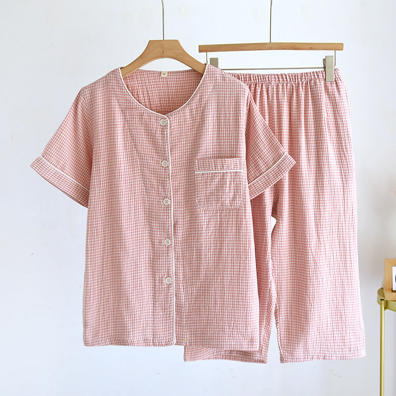 2025 Spring/Summer Couple Pajama Set 100% Cotton Gauze Short Sleeves+Capris Two Piece Men's and Women's Checkered Home Fur