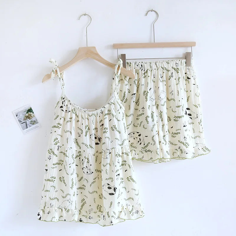 2025 New Summer Women's Pajamas Two Piece Set 100% Cotton Crepe Cloth with Chest Cushion Suspender+Shorts Set Cute Home Fury