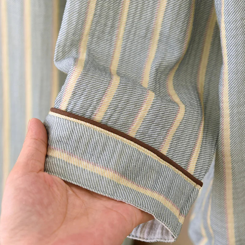 New men's sleepwear two-piece set for spring 2025 100% cotton crepe fabric vertical stripe long sleeved long pants home suit set