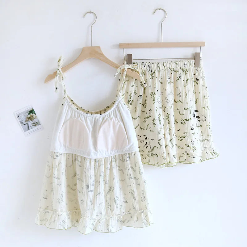 2025 New Summer Women's Pajamas Two Piece Set 100% Cotton Crepe Cloth with Chest Cushion Suspender+Shorts Set Cute Home Fury
