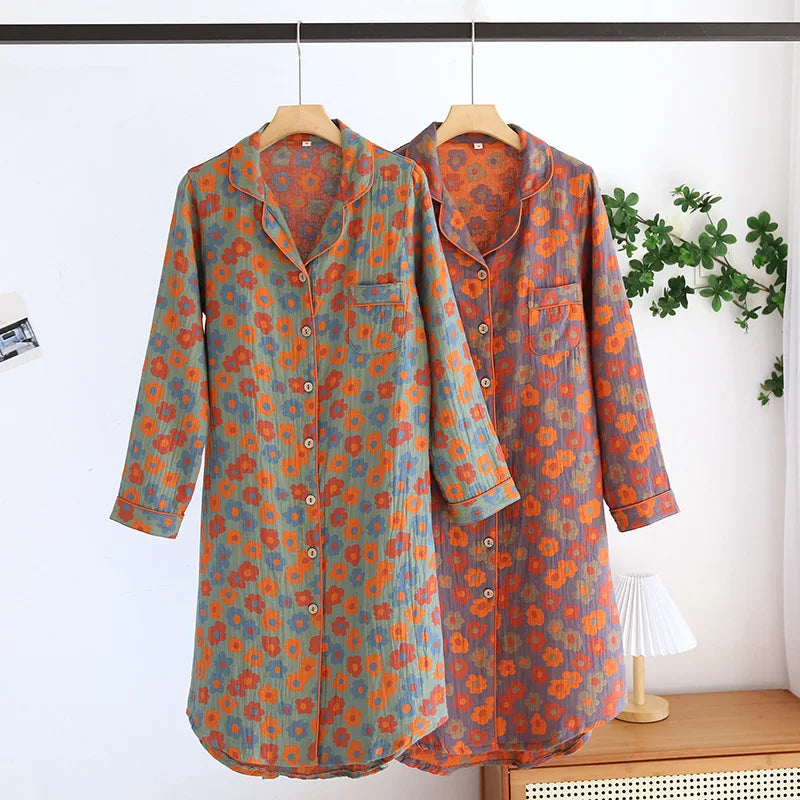 New Spring and Summer Women's Nightdress 100% Cotton Leaf Flower Long Sleeve Dress Large Home Dress Retro Long Sleeve Dress
