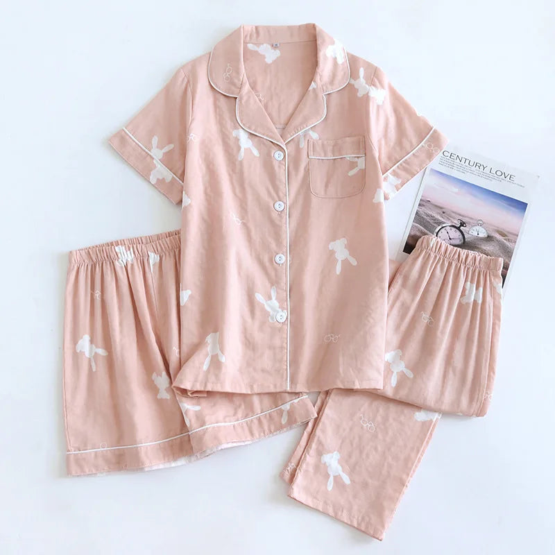Summer new couple pajamas three-piece set short-sleeved + shorts + trousers 100% cotton gauze men's and women's home clothes