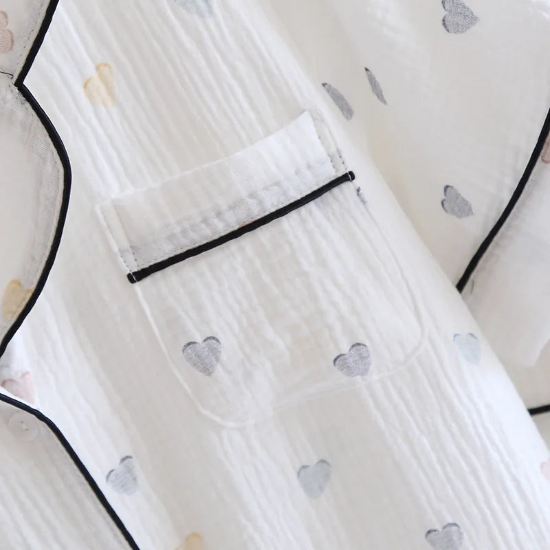 2025 New Summer Women's Pajama Set 100% Cotton Crepe Short Sleeves+Shorts+Pants Three Piece Casual Ladies Homewear Sleepwear