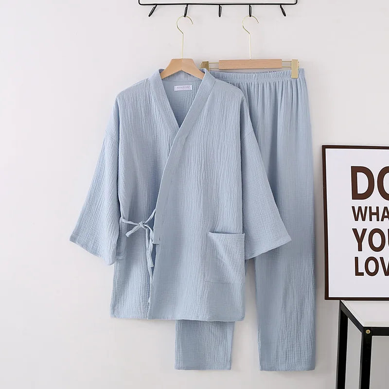 Japanese kimono suit lovers 100% cotton crepe pajamas long sleeved trousers two-piece kimono suit for men and women sleepwear