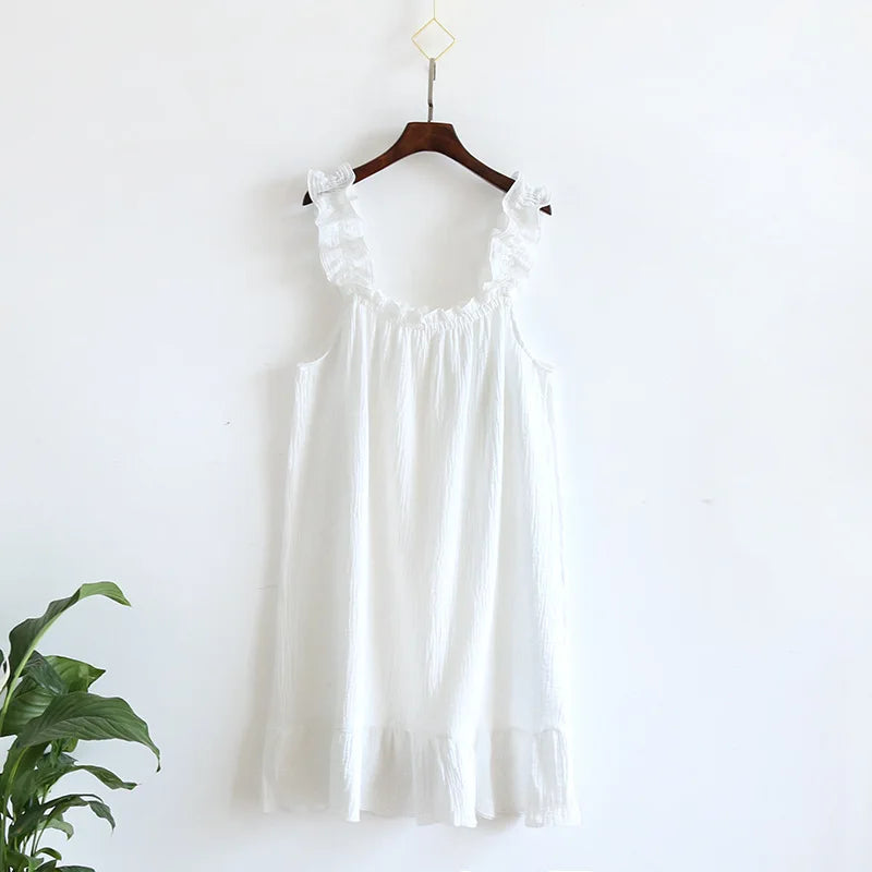 2025 Summer New Style Nightdress Ladies 100% Cotton Crepe Thin Vest Suspender Skirt Loose Long Skirt Sweet And Cute Home Skirt