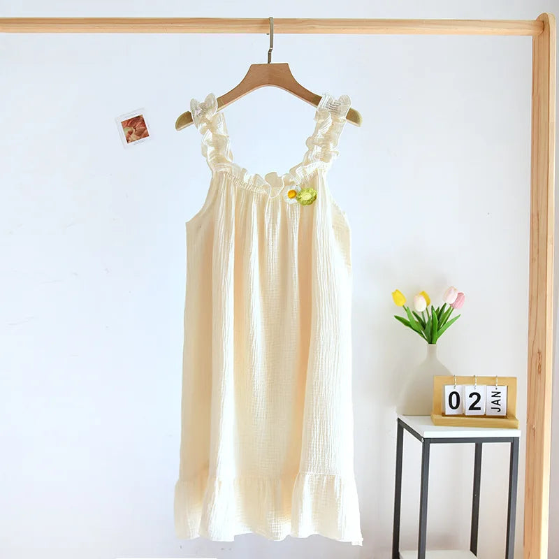 2025 summer new women's suspender nightdress 100% cotton crepe thin style solid color floral vest skirt home skirt sleepwear