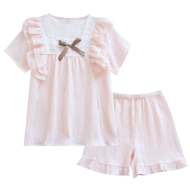 Japanese summer new short-sleeved shorts ladies pajamas set 100% cotton crepe solid color fresh home clothes two-piece set