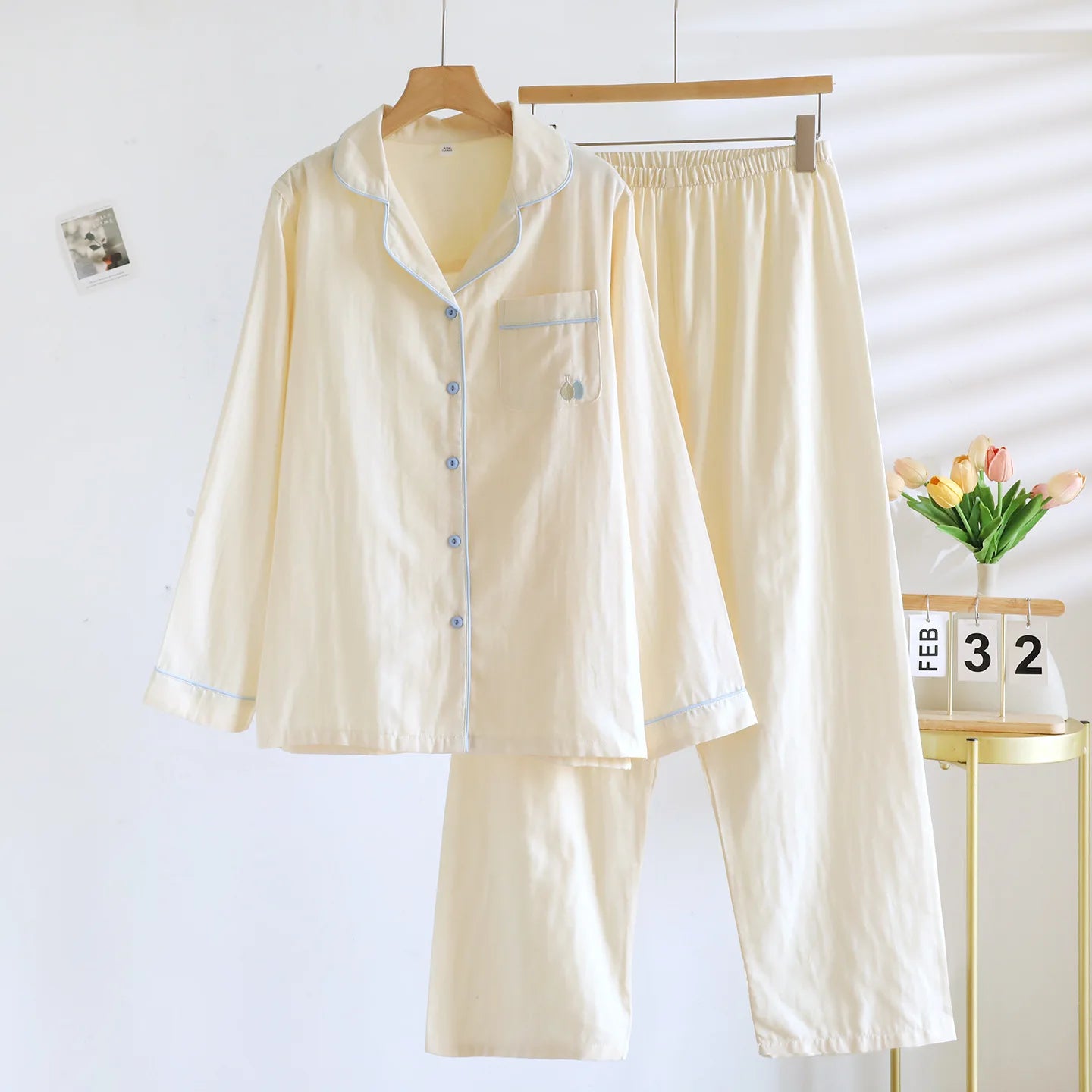 2025 New Spring and Autumn Women's Pajama Set 100% Cotton Simple Long Sleeve Long Pants Two Piece Set Cardigan Home Clothes