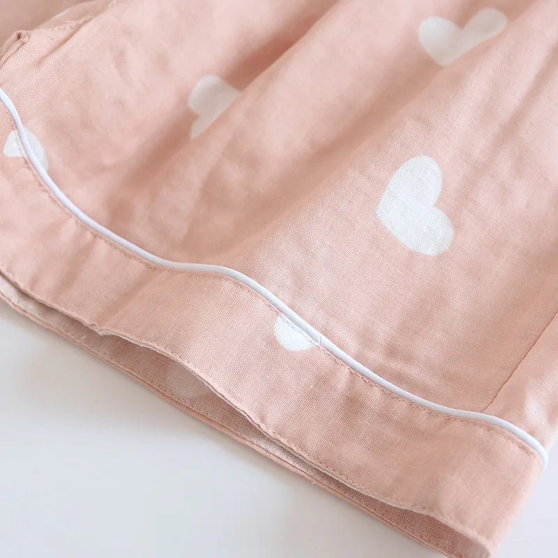 New spring and summer women's pajamas three-piece set short sleeves + shorts + trousers 100%cotton gauze love print homewear set