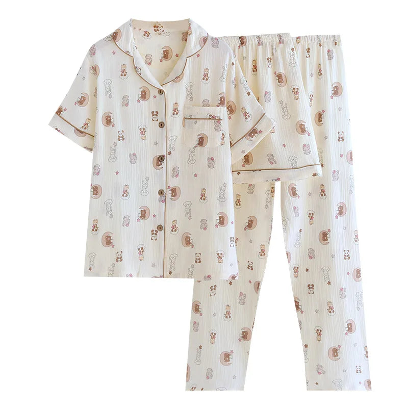 2025 New Women's Spring/Summer Pajama Set 100% Cotton Short Sleeves+Shorts+Long Pants Three Piece Thin Sweet Home Furnishings