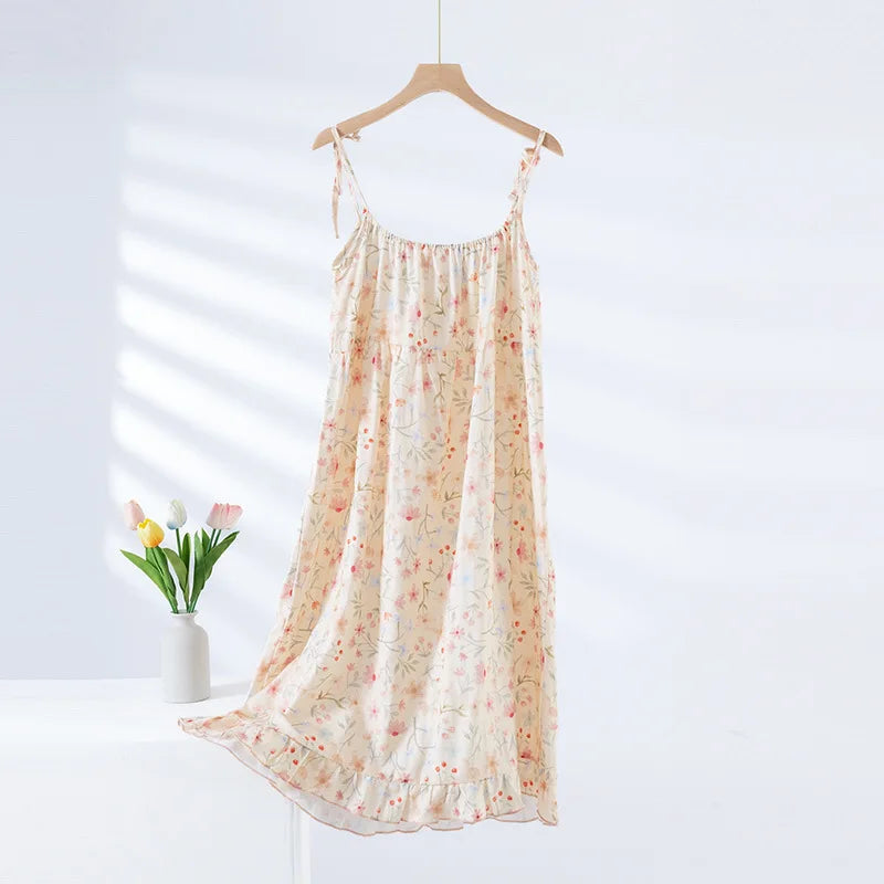 2025 New Summer Women's Sleeping Skirt 100% Cotton Bra Free Strap Skirt Thin Large Floral Dress Summer Dress Sleepwear Women