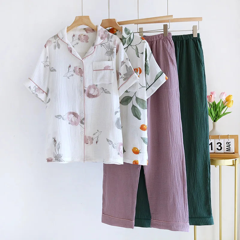 2025 Japanese Summer New Women's Pajama Set Short Sleeve+Long Pants Two piece Set 100%Cotton Thin Cardigan Home Furnishing Fresh