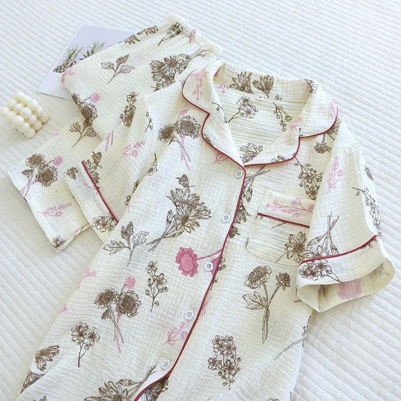 2025 New Spring/Summer Women's Pajama Set 100% Cotton Crepe Short Sleeve+Pants Two Piece Set for Women's Cute Home Furnishings