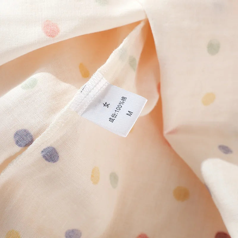 2025 New Summer Sleeping Skirt 100% Cotton Gauze Thin Style Wave Point Home Skirt Loose Round Neck Short Sleeve Sleeping Skirt