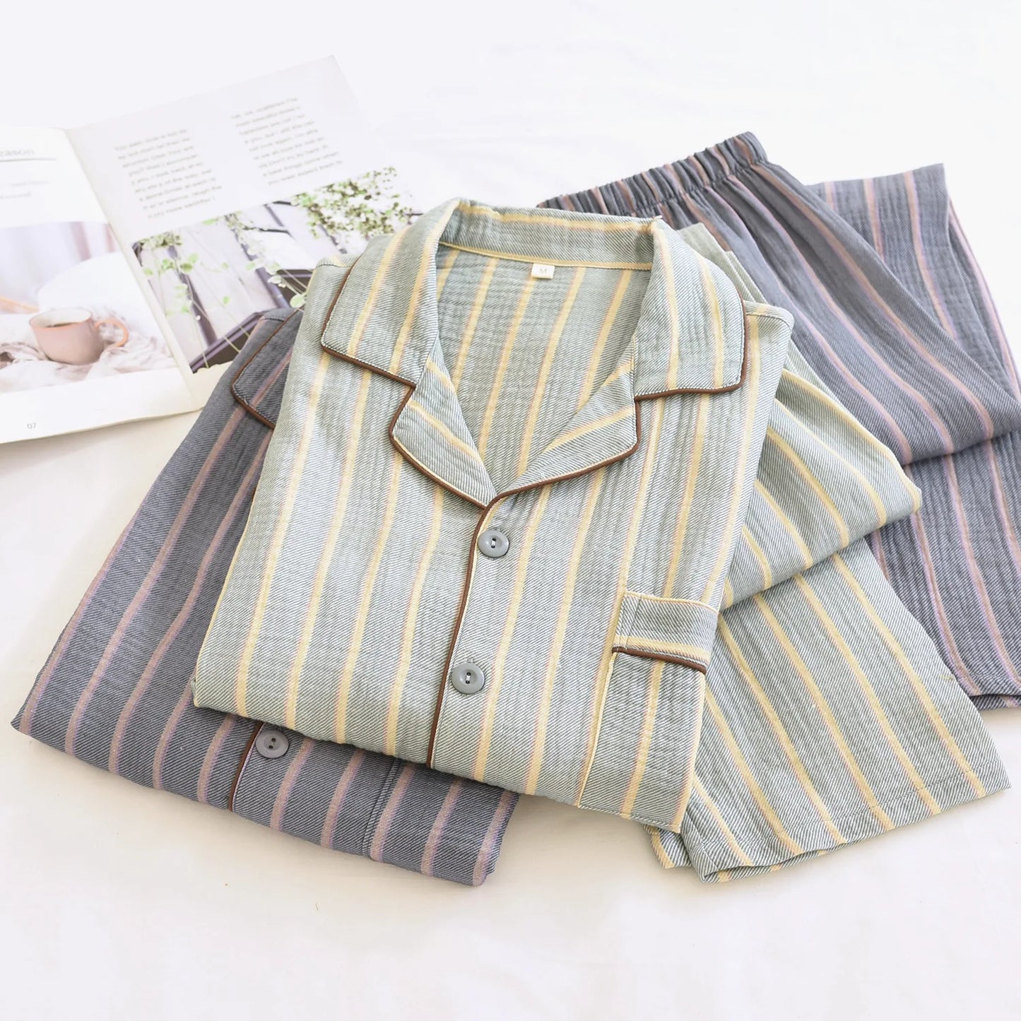 New men's sleepwear two-piece set for spring 2025 100% cotton crepe fabric vertical stripe long sleeved long pants home suit set