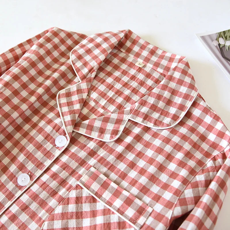 2025 New Japanese Spring and Autumn Couple Pajama Set 100% Cotton Men's and Women's Plaid Long Sleeve Two Piece Home Furnishing