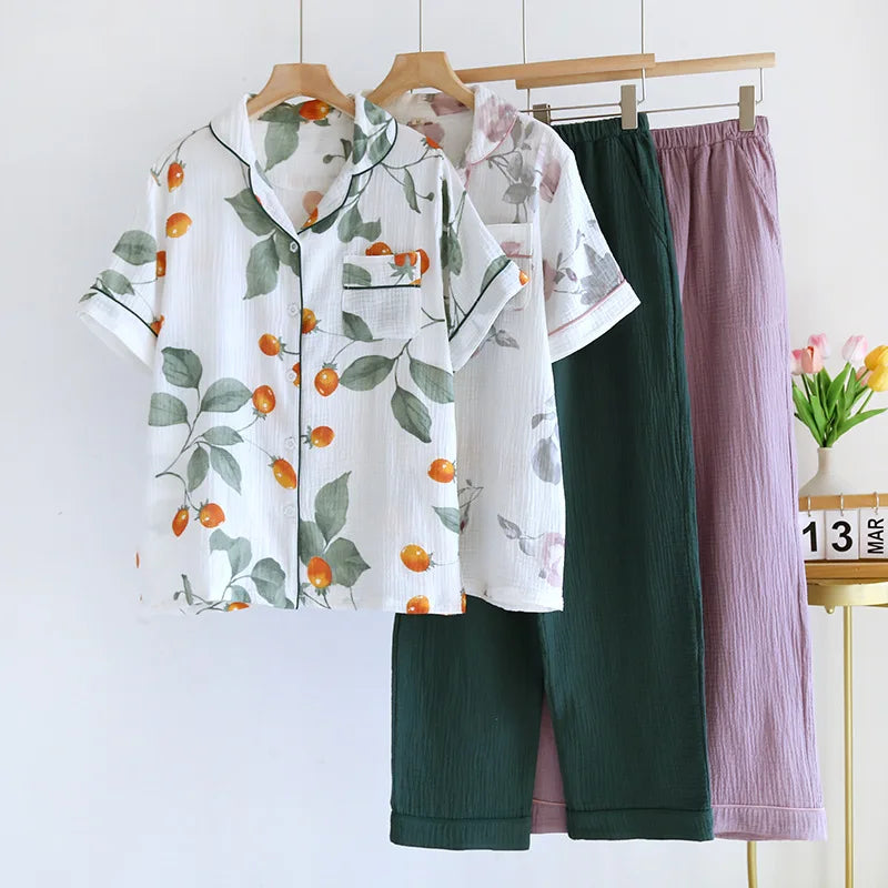2025 Japanese Summer New Women's Pajama Set Short Sleeve+Long Pants Two piece Set 100%Cotton Thin Cardigan Home Furnishing Fresh