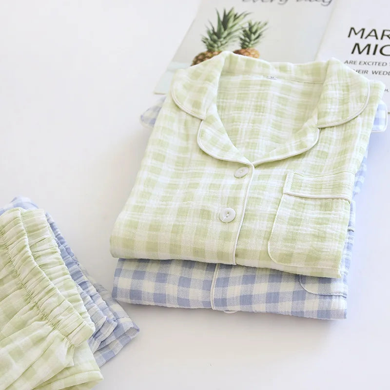 2025 New Spring Couple's Pajama Set 100% Cotton Long Sleeve Long Pants Two Piece Set Checkered Men's and Women's Home Clothes