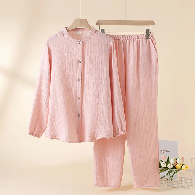 2025 New Spring and Autumn Couple's Pajama Set 100% Cotton Men's and Women's Long Sleeve Long Pants Solid Color Home Clothes