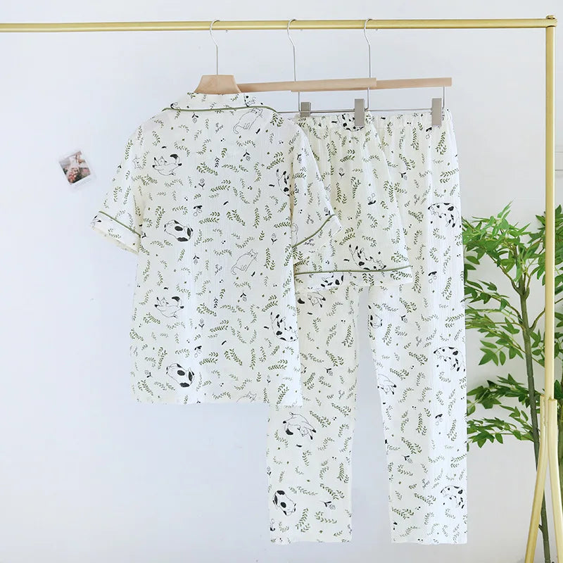 2025 Spring/Summer New Women's Pajamas Three Piece Set 100% Pure Cotton Crepe Thin Short Sleeves+Shorts+Long Pants Home Fury
