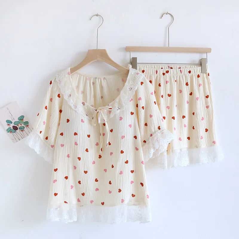 2025 New Summer Women's Pajama Set 100% Cotton Short Sleeve Shorts with Chest Pads Two Piece Loose Home Furnishings Ladies