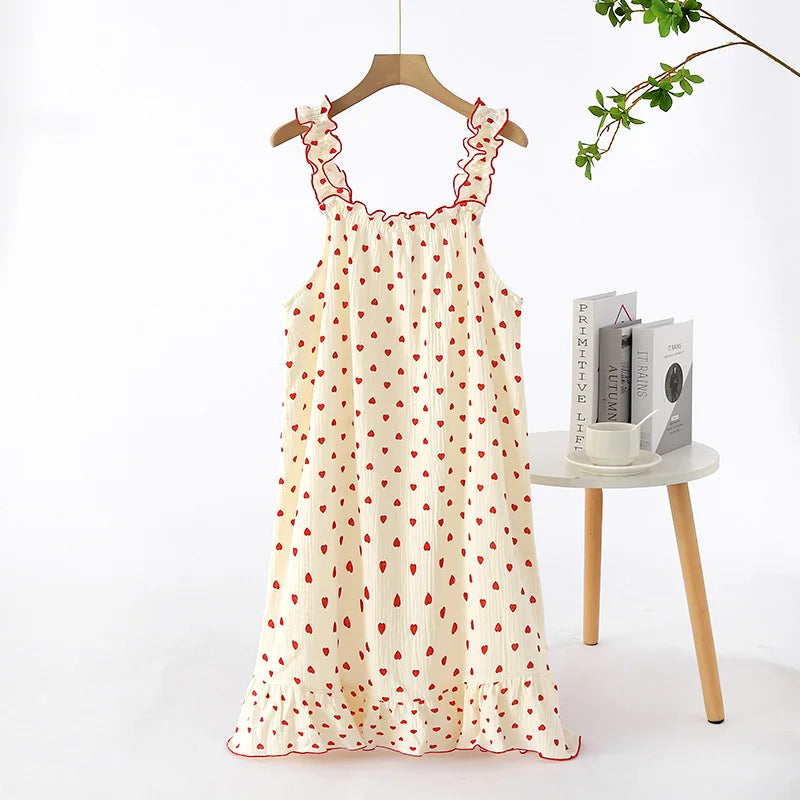 New Summer Ladies Nightdress 100% Cotton Crepe Sling Long Skirt Thin Sleeveless Mid Length Loving Ladies Home Dress plus size
