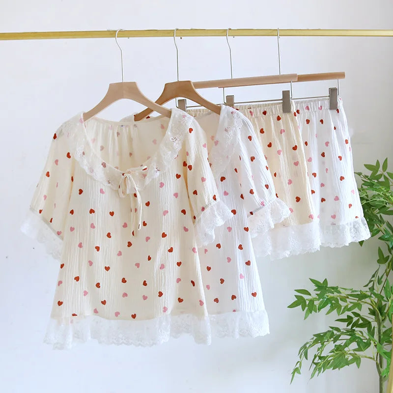 2025 New Summer Women's Pajama Set 100% Cotton Short Sleeve Shorts with Chest Pads Two Piece Loose Home Furnishings Ladies