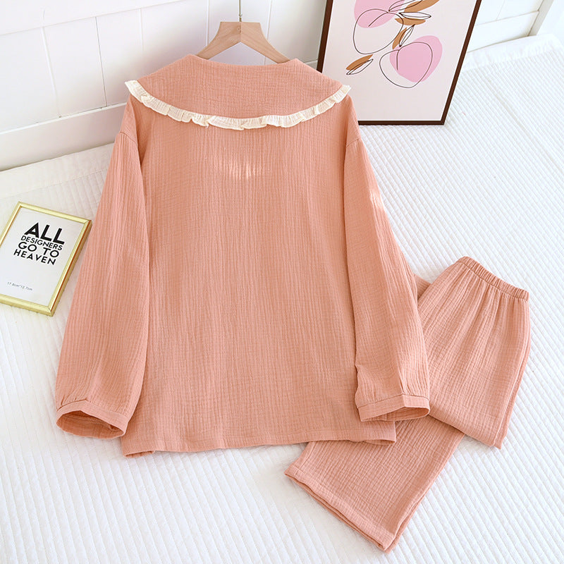 2025 new women's pajama suit 100% cotton crepe sweet lovely long-sleeved trousers two-piece home wear thin sleepwear women