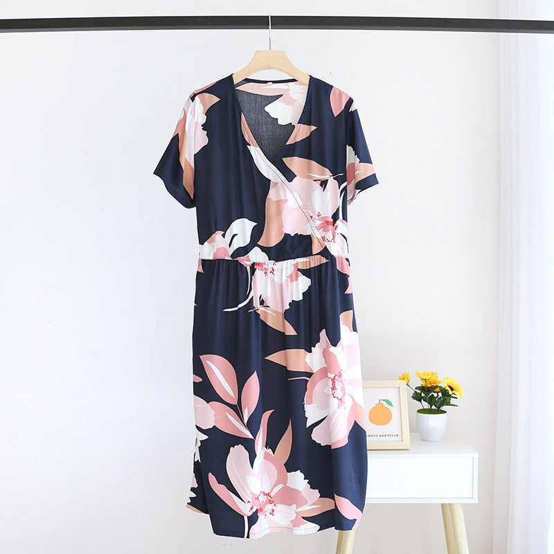 Summer New Ladies V-neck Nightdress 100% Viscose Short Sleeve Home Dress Floral Comfort Large Size Dress Thin Section women