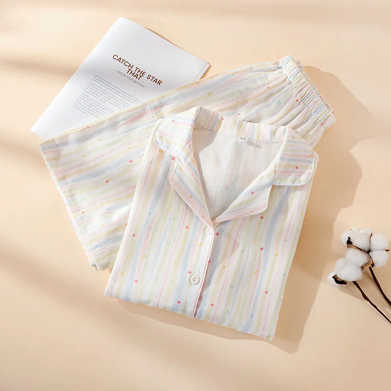 2025 Summer New Women's Pajama Set 100% Cotton Gauze Short Sleeve Shorts Two Piece Set Thin cardigan Home Clothes sleepwear