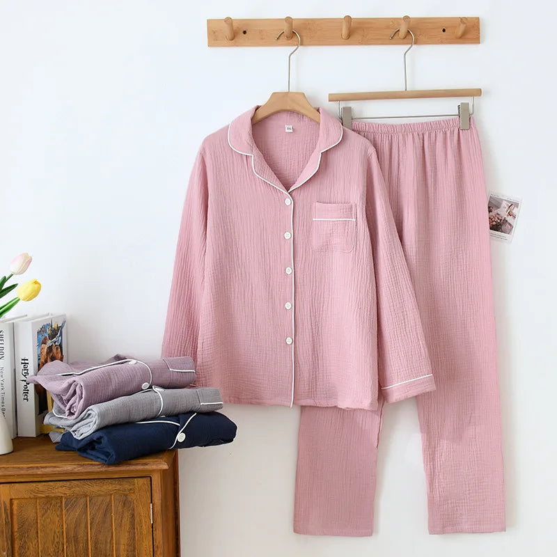 New Spring and Autumn Couple Pajamas Set 100%Cotton Crepe Long Sleeve Pants Two Piece Men's and Women's Large Size Home Garments