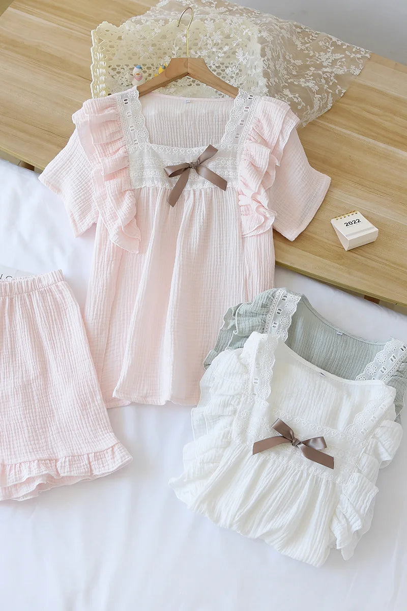 Japanese summer new short-sleeved shorts ladies pajamas set 100% cotton crepe solid color fresh home clothes two-piece set