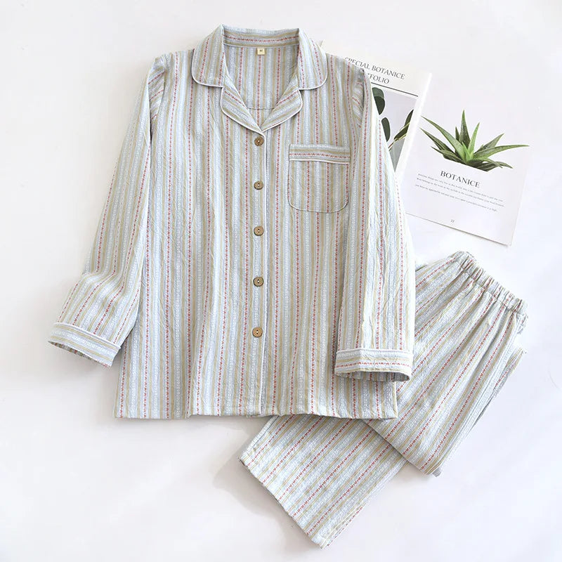 2025 New Spring/Summer Couple Set 100% Cotton Striped Long Sleeve Two Piece Set Men's and Women's Cardigan Home Clothes