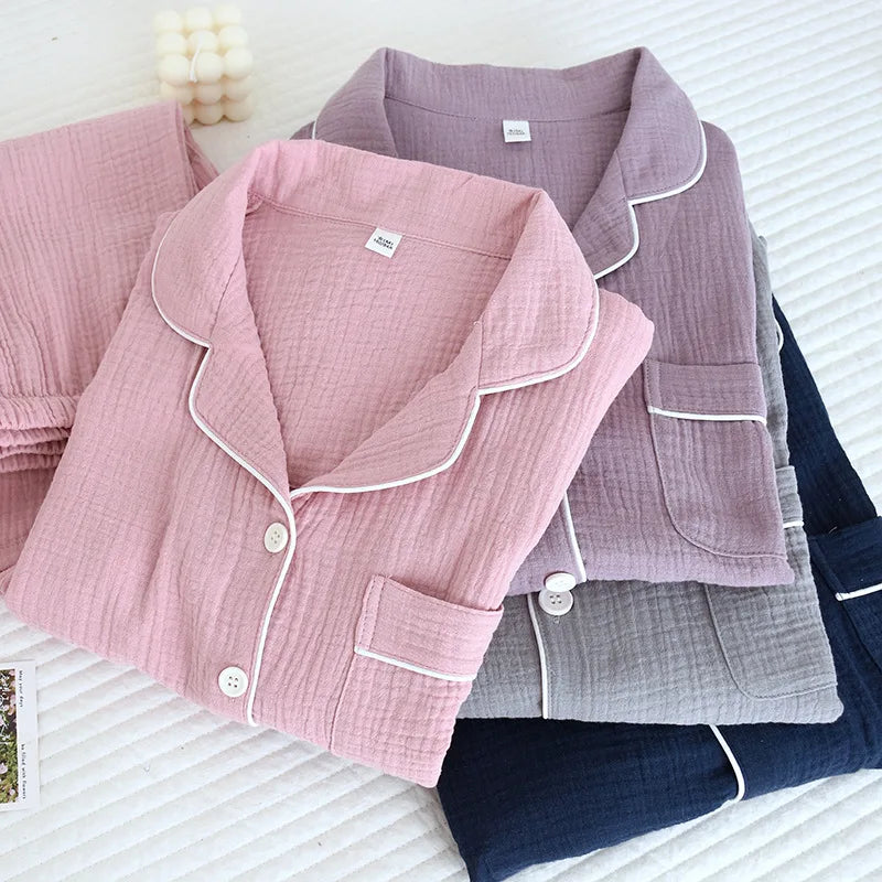 New Spring and Autumn Couple Pajamas Set 100%Cotton Crepe Long Sleeve Pants Two Piece Men's and Women's Large Size Home Garments