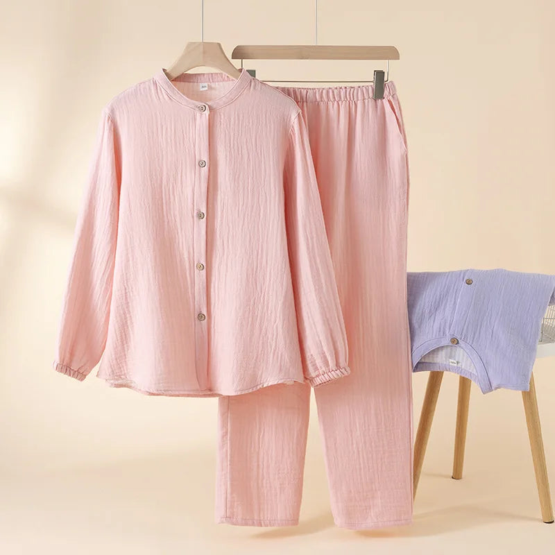 2025 New Spring and Autumn Couple's Pajama Set 100% Cotton Men's and Women's Long Sleeve Long Pants Solid Color Home Clothes