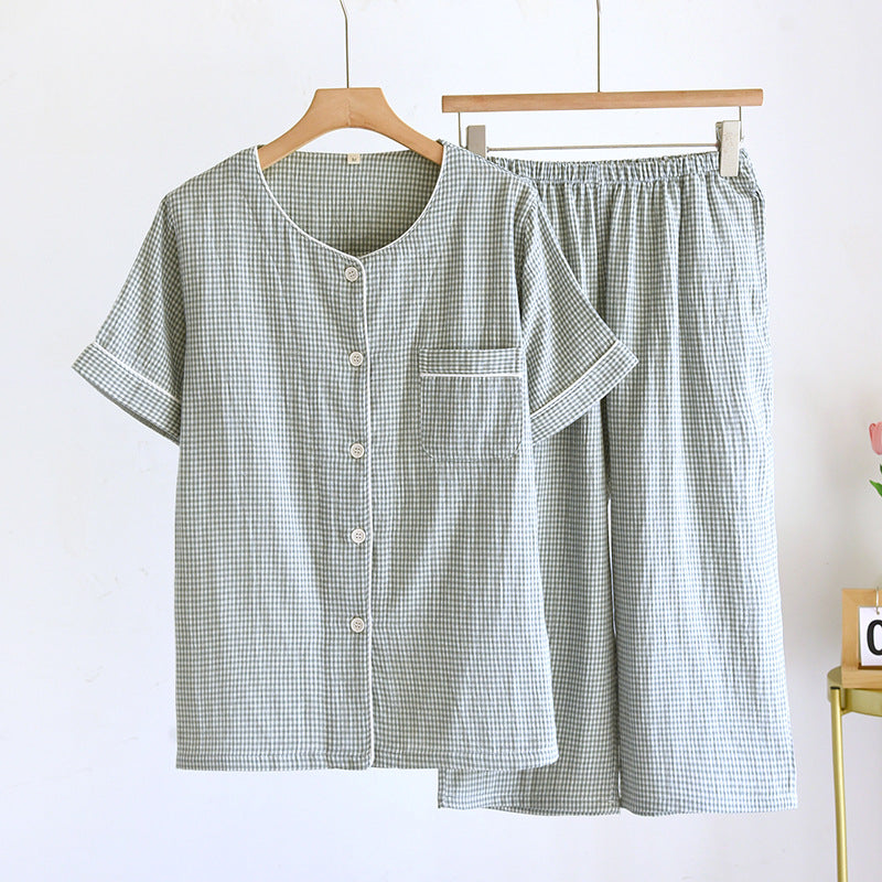 2025 Spring/Summer Couple Pajama Set 100% Cotton Gauze Short Sleeves+Capris Two Piece Men's and Women's Checkered Home Fur