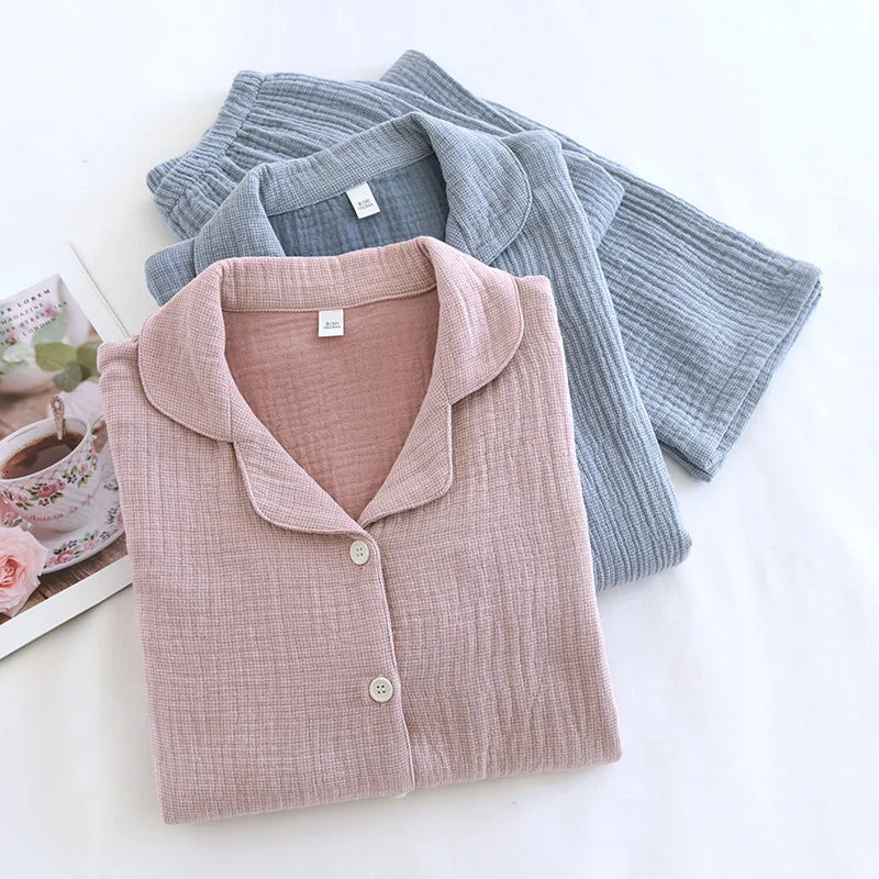 2025 New Couple's Pajama Set 100% Cotton Men's and Women's Collar Long Sleeve Long Pants Solid Color Two Piece Home Set Pijamas