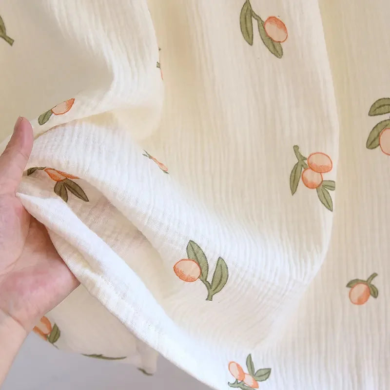 2025 Summer New Women's Pajama Dress 100% Cotton Crepe Ladies Short Sleeve Skirt Thin Flower Dress Homewear Pajama Dress