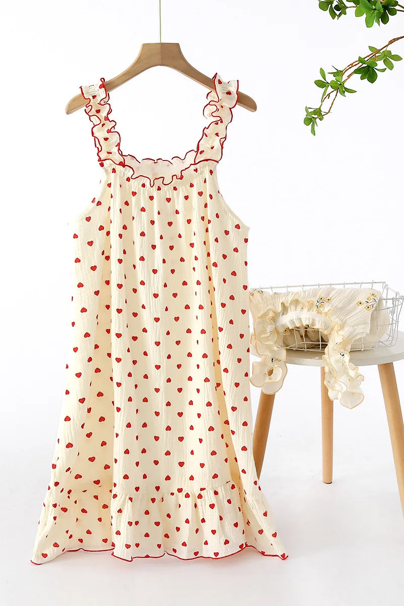 New Summer Ladies Nightdress 100% Cotton Crepe Sling Long Skirt Thin Sleeveless Mid Length Loving Ladies Home Dress plus size