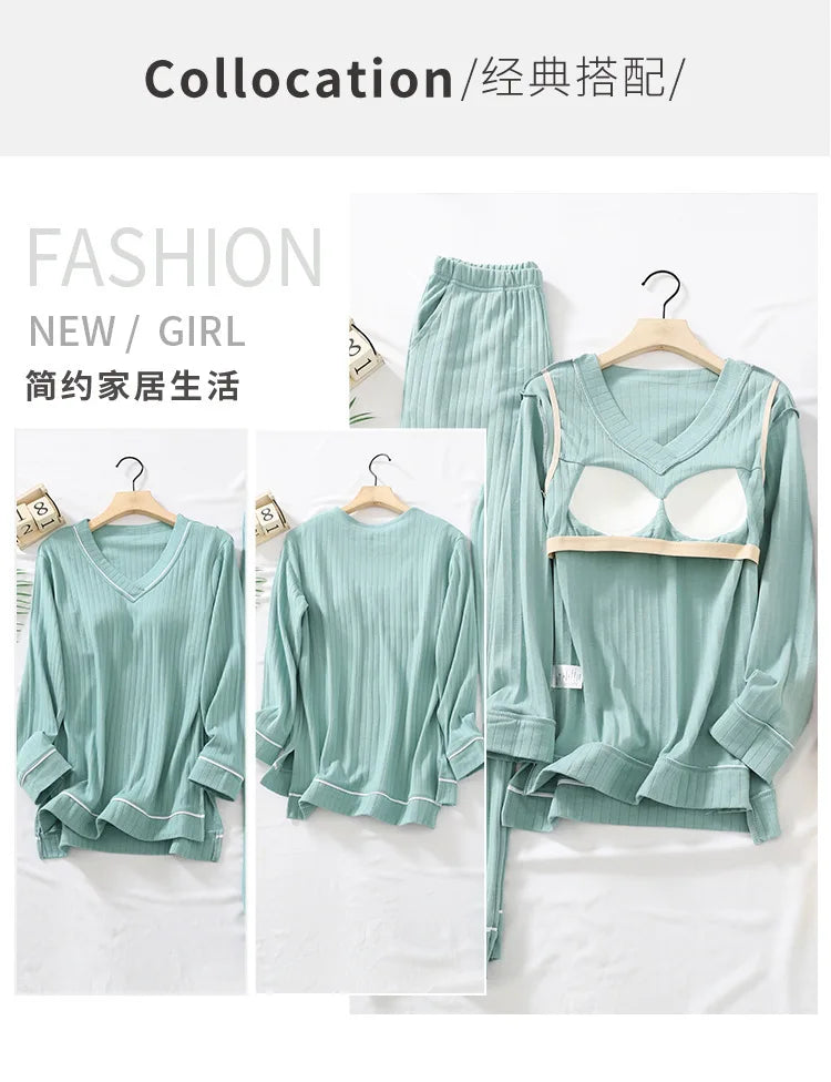 New Spring and Autumn Women's Pajamas Set V-Neck Cotton Thread Knitted Long Sleeve Pants Solid casual two-piece home clothes