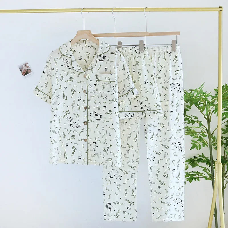 2025 Spring/Summer New Women's Pajamas Three Piece Set 100% Pure Cotton Crepe Thin Short Sleeves+Shorts+Long Pants Home Fury