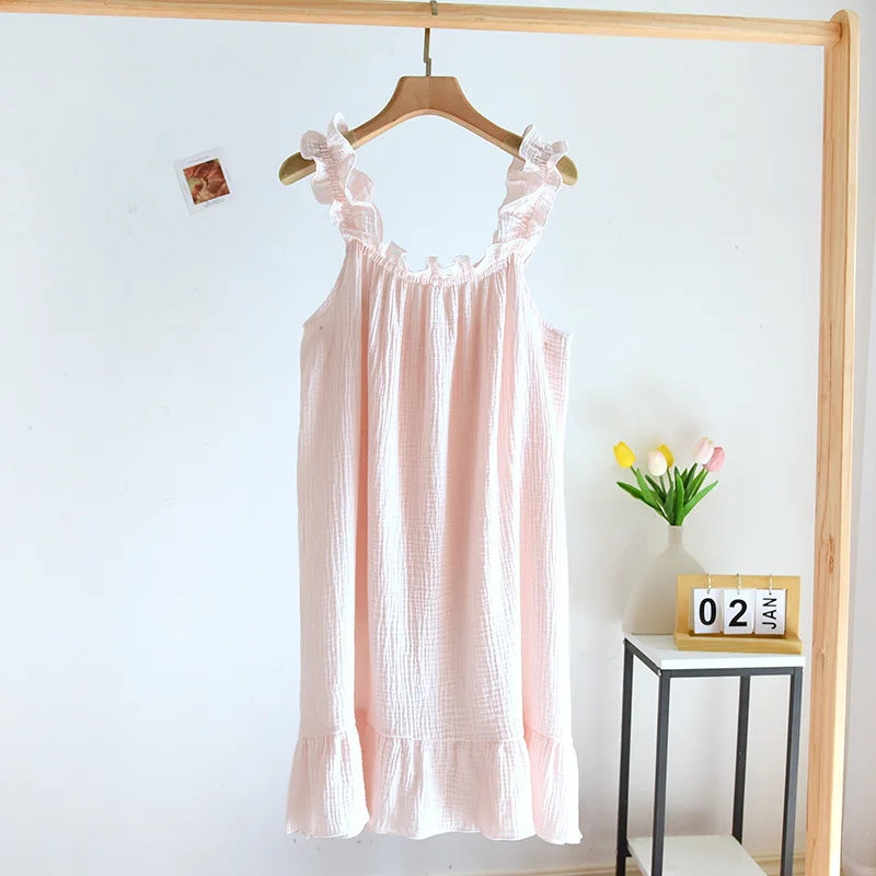 2025 summer new women's suspender nightdress 100% cotton crepe thin style solid color floral vest skirt home skirt sleepwear
