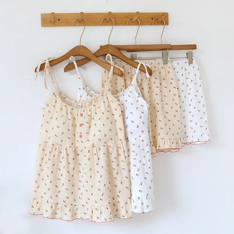 2025 Japanese Summer New Women's Pajama Set 100% Cotton Crepe Cloth Ladies Suspender+Shorts Two Piece Home Furnishing Set