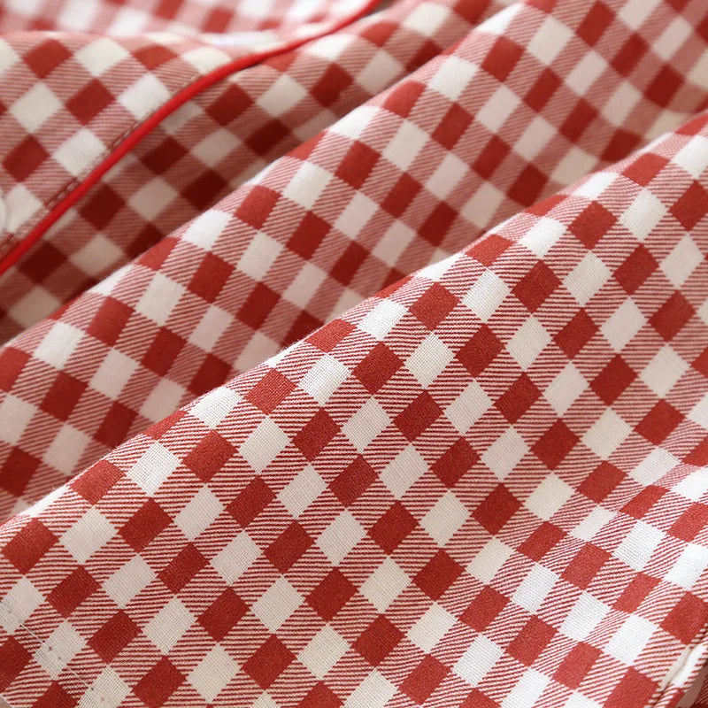 2025 Spring/Summer Couple Pajama Set 100% Cotton Double Layer Gauze Men's and Women's Japanese Plaid Set Long sleeved Home Fury