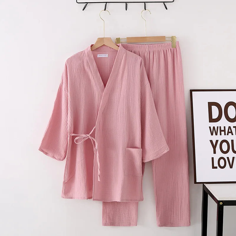 Japanese kimono suit lovers 100% cotton crepe pajamas long sleeved trousers two-piece kimono suit for men and women sleepwear