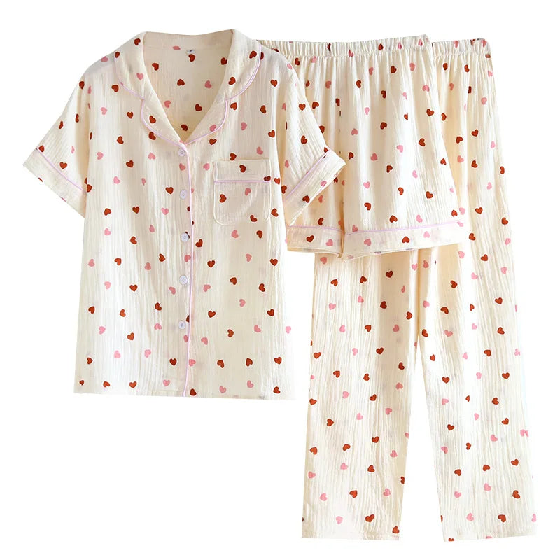 2025 New Summer Pajama Set 100% Cotton Crepe Love Short Sleeves+Shorts+Pants Three Piece Buckle Cute Home Fury Ladies Sleepwear